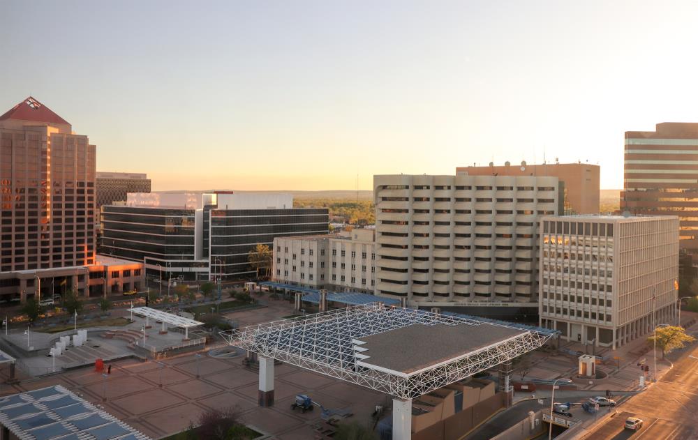 View of Downtown Albuquerque skyline, Civic Plaza, offices and government buildings