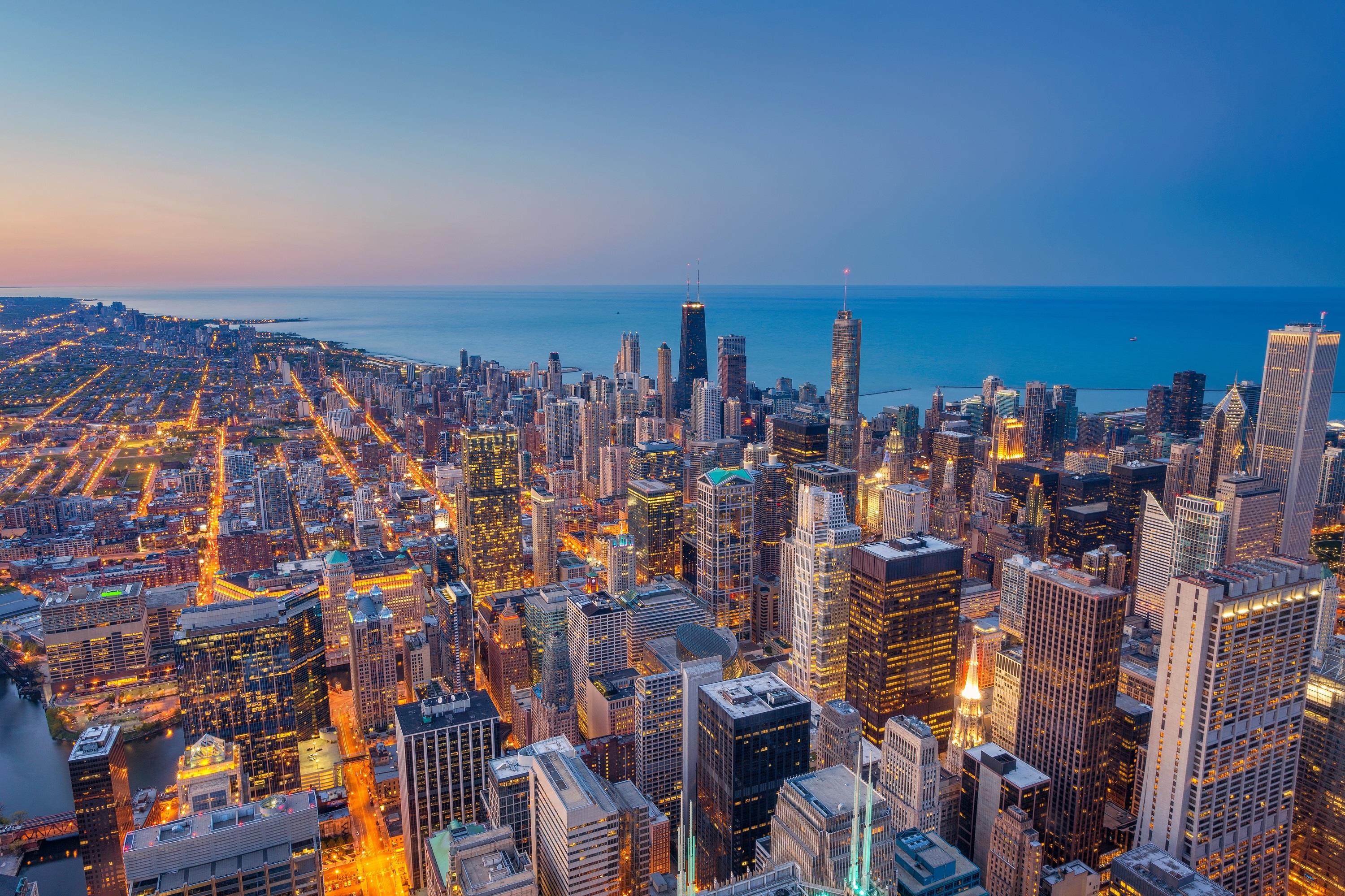 Cityscape image of Chicago downtown during twilight blue hour