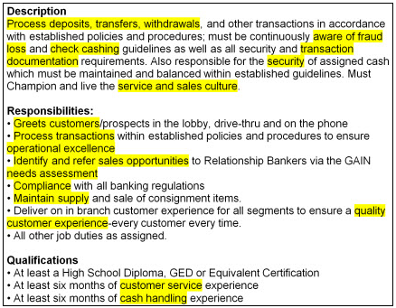 Bank teller job description with keywords highlighted