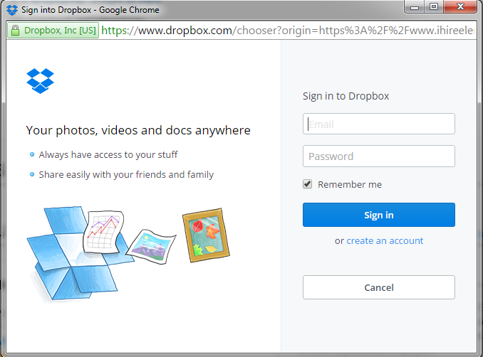 Dropbox upload screen