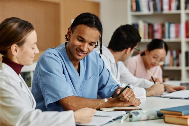 group of medical professionals studying together