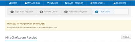 iHire's job posting receipt page