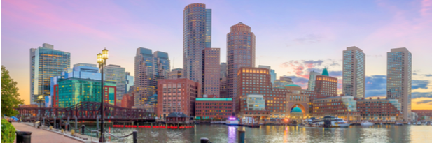 Photograph of the Boston skyline at sunset