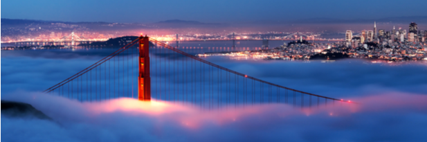 Photograph of San Francisco skyline and the Golden Gate Bridge in the fog