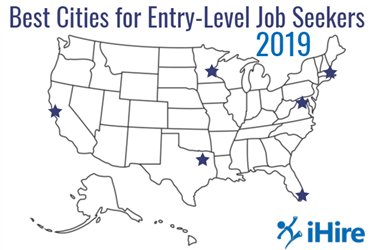 Map of the United States with the best cities for entry-level job seekers marked by stars