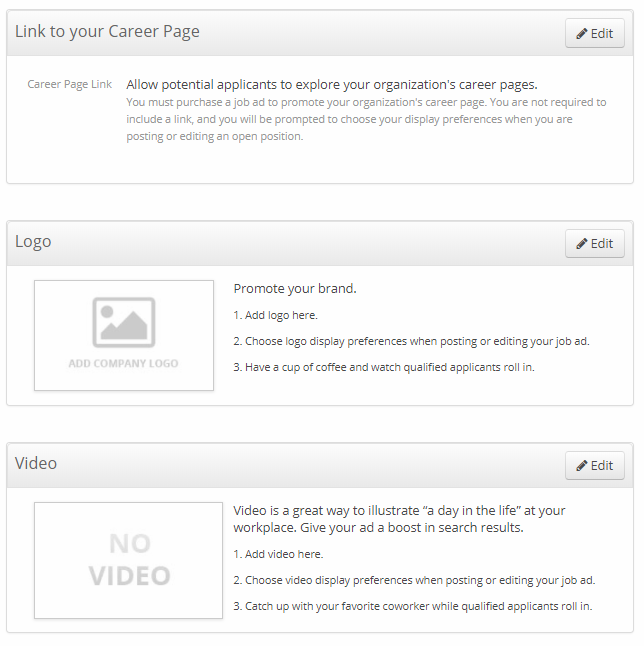 iHire's employer branding tools allow you to add a corporate logo, video, or link to a career page as part of your job posting
