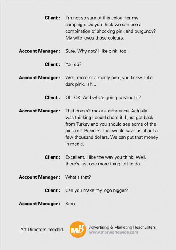 Art director job ad with an imagined client conversation