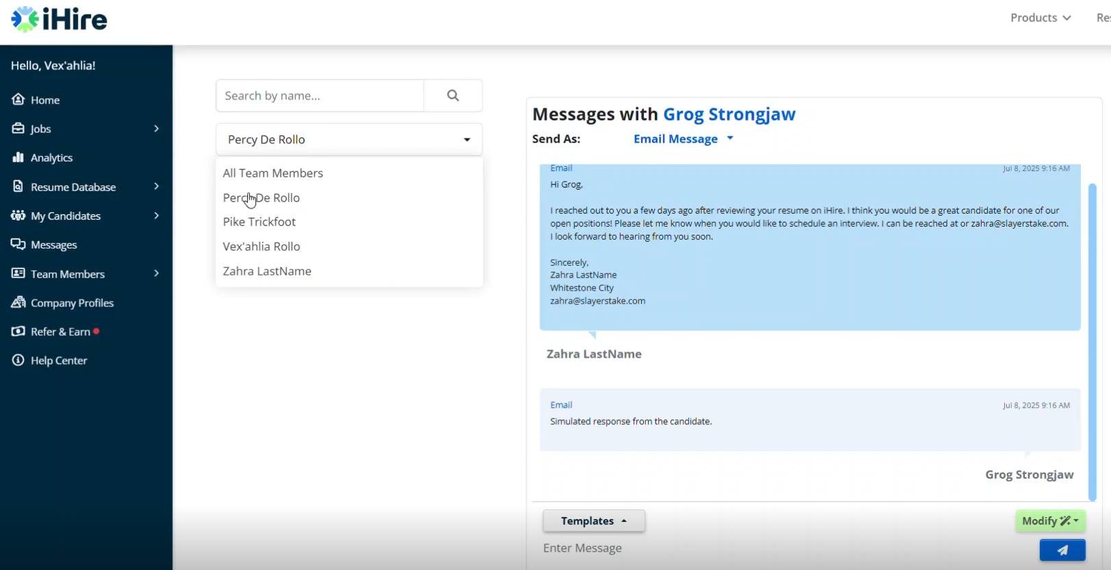 ihire messaging sorting ability