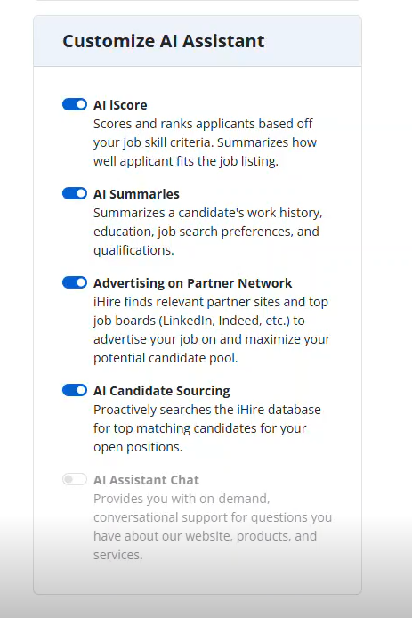 iHire AI assistant settings