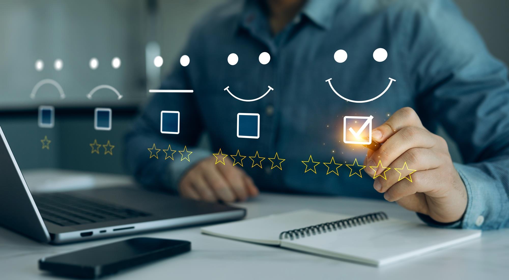 employee checking a happy face box with five stars