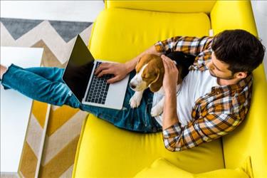 man working from home with dog