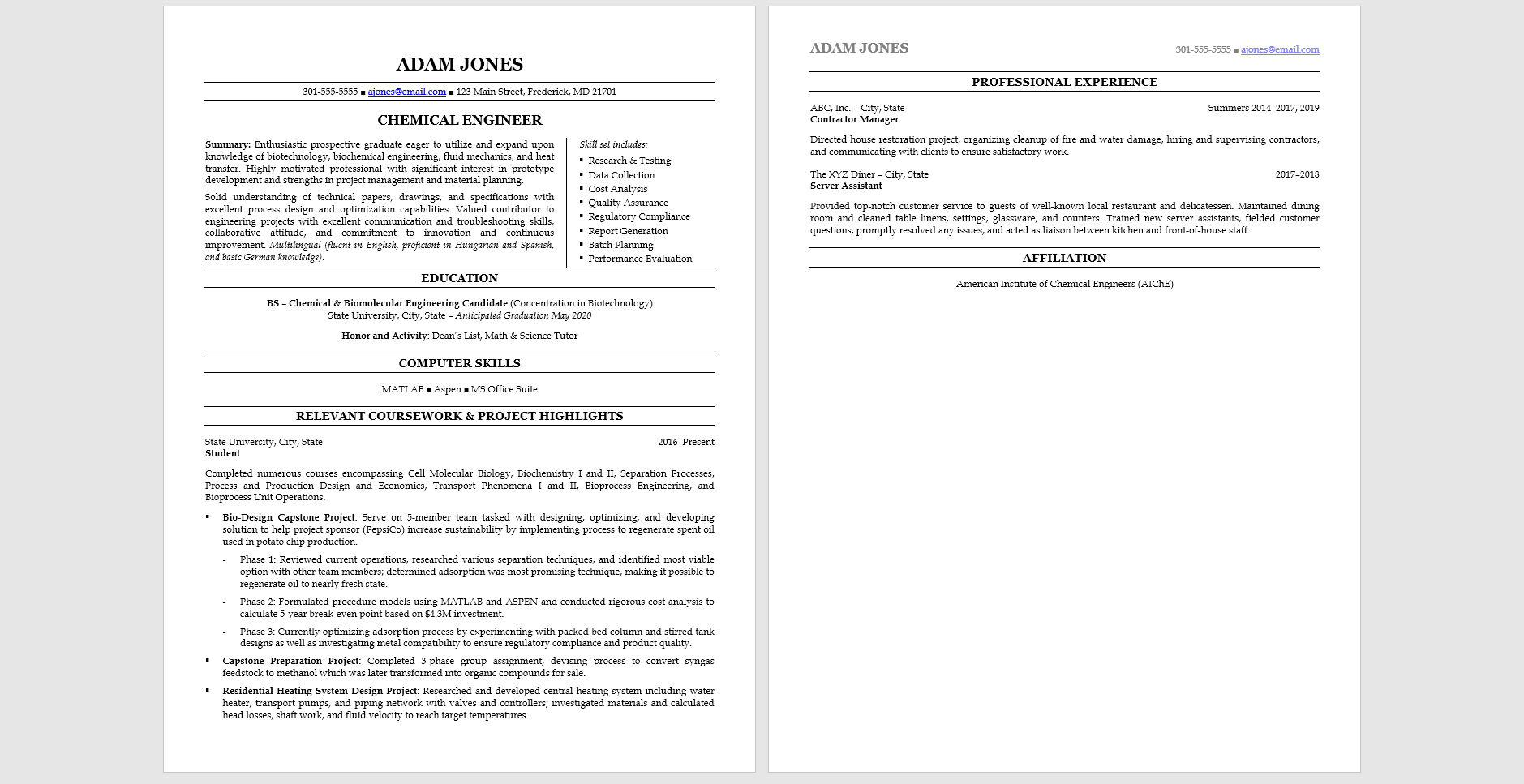 Sample resume focused on school projects