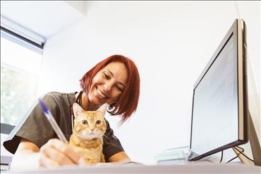 veterinarian at her computer with a cat on her lap