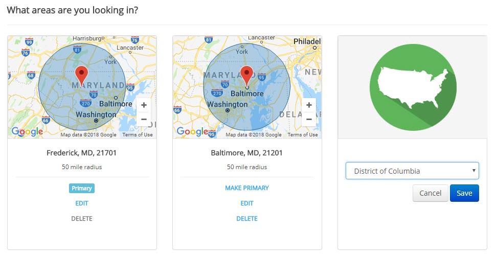 screen shot of ihire's new multiple location job search state option