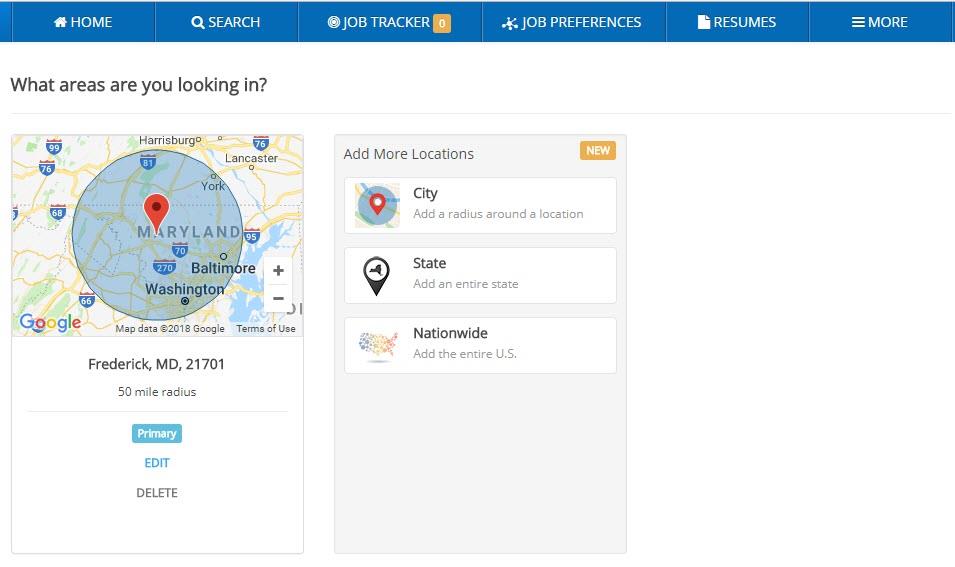 screen shot of ihire's new multiple location job search options