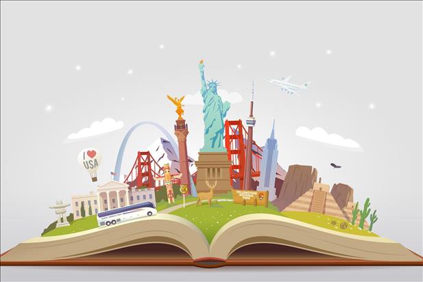 vector illustration of united states landmarks on an open book