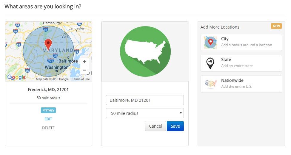 screen shot of ihire's new multiple location job search city and radius option