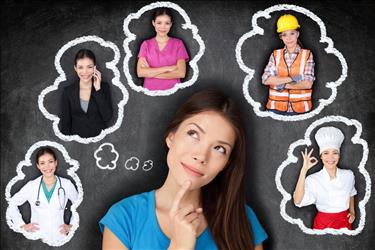 woman thinking about her career with images of herself in different jobs within illustrated thought bubbles