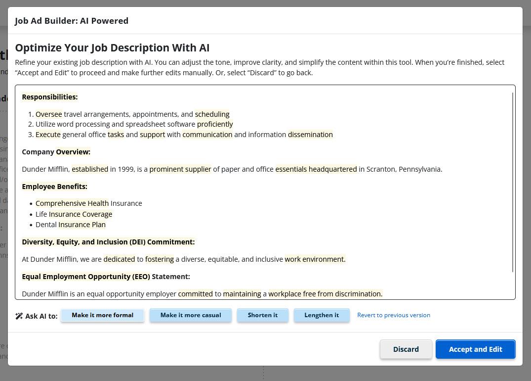 iHire's AI-powered job ad builder screenshot