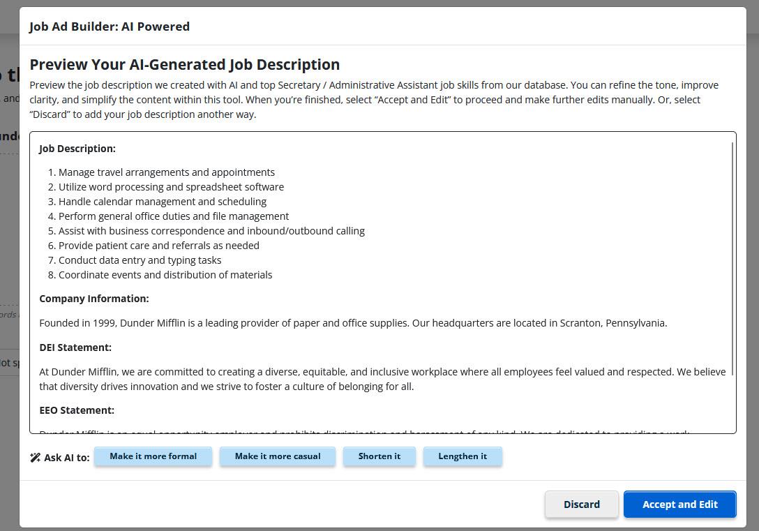 iHire's AI-powered job ad builder screenshot