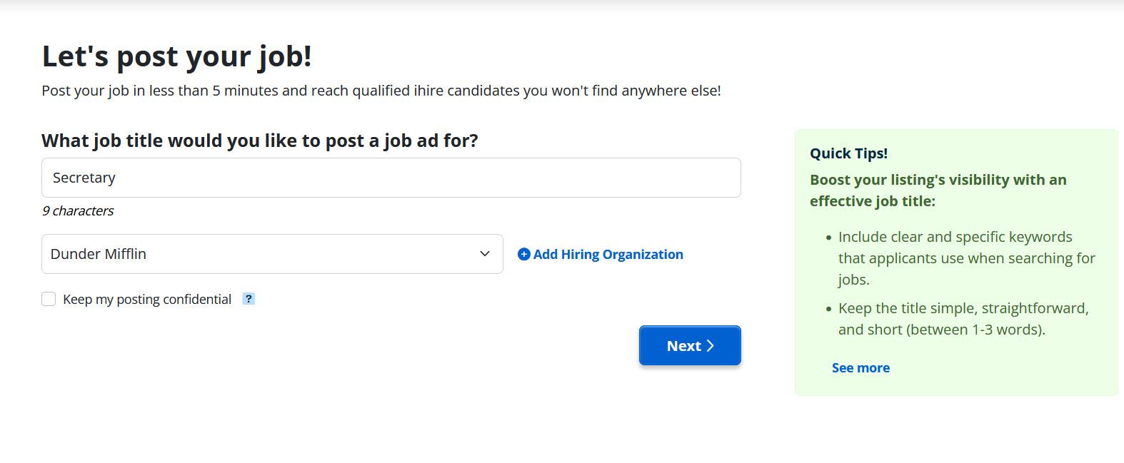 iHire's AI-powered job ad builder screenshot