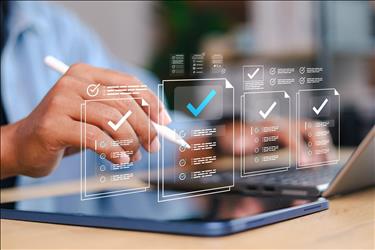 person taking a skills assessment with checklist graphics overlaying the image