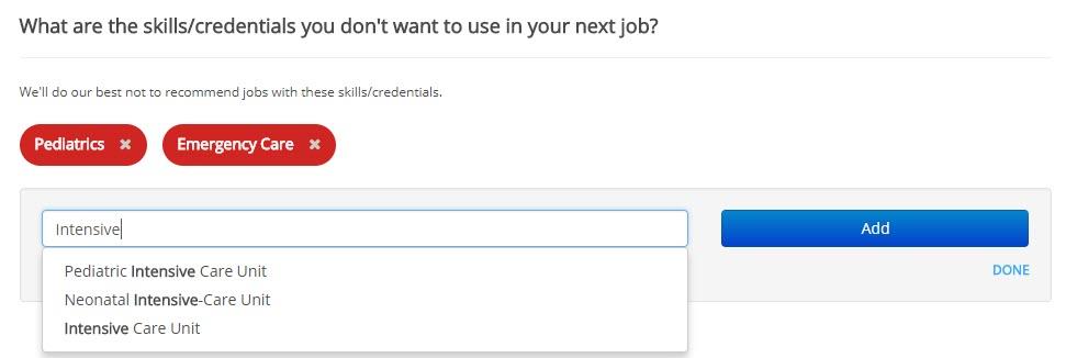 screenshot of ihire job seeker preferences page discard skills section with autocomplete