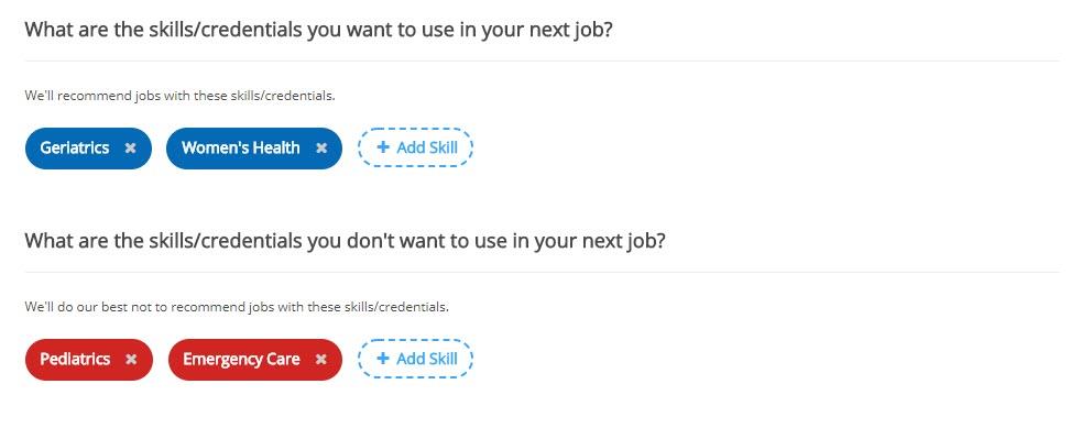 screenshot of ihire job seeker preferences page with discard skills section