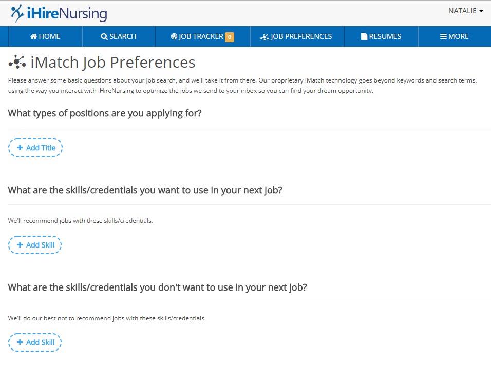 screenshot of ihire job seeker preferences page