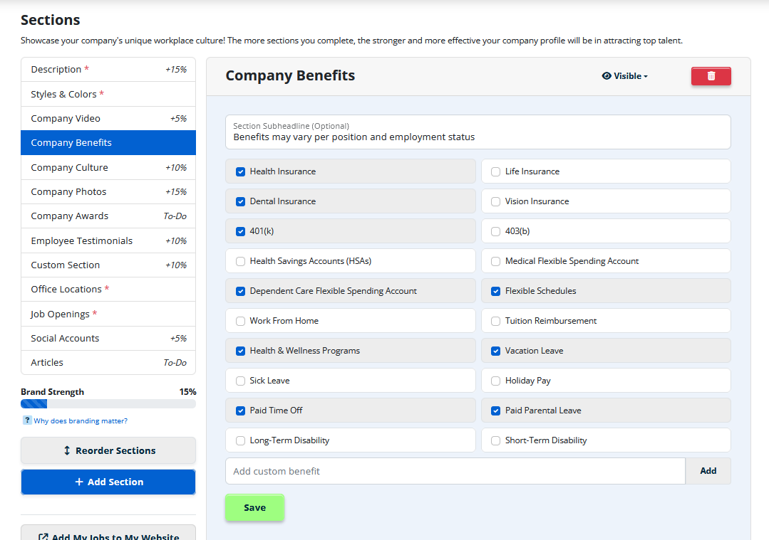 company profile benefits selector