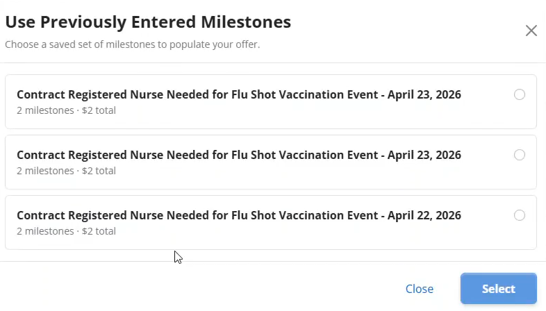 ihire milestone selection screenshot