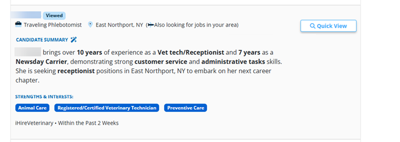 iHire resume search candidate summary