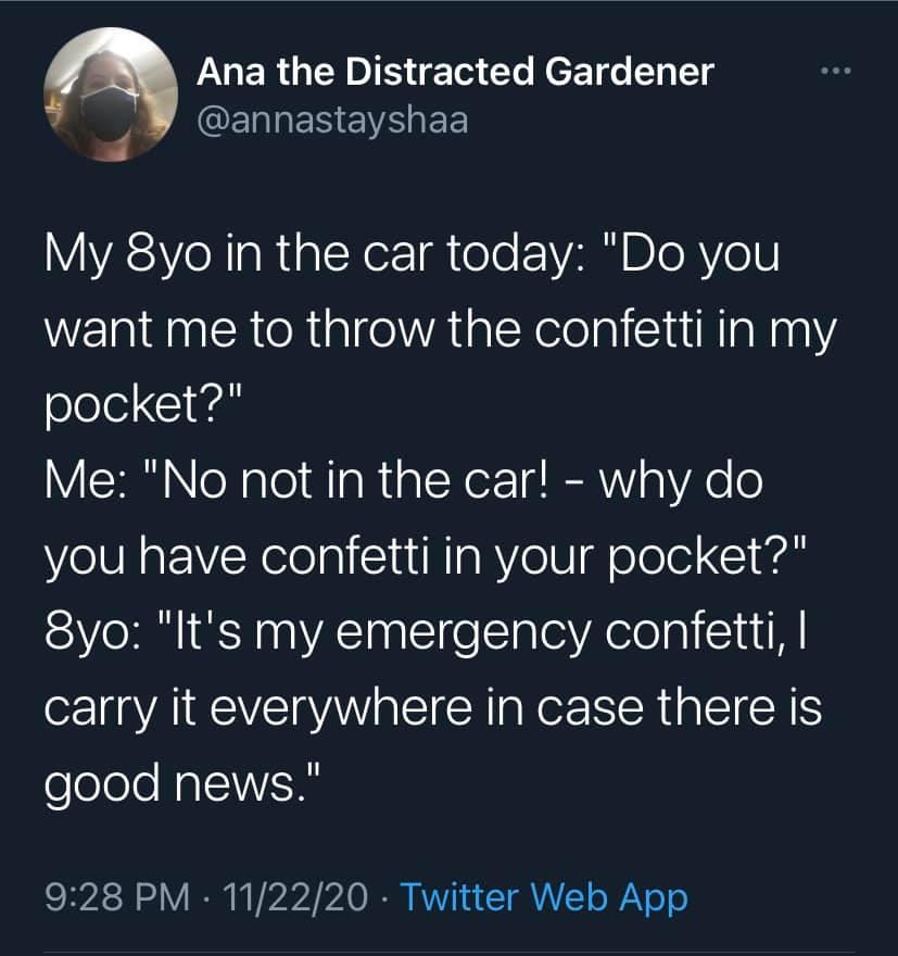 A woman explains how her eight year old daughter carries emergency confetti.