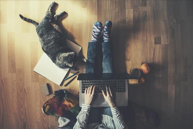 employee working from home on the floor with her laptop and cat nearby