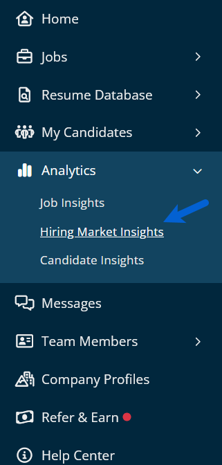 Hiring Market Insights screenshot of menu