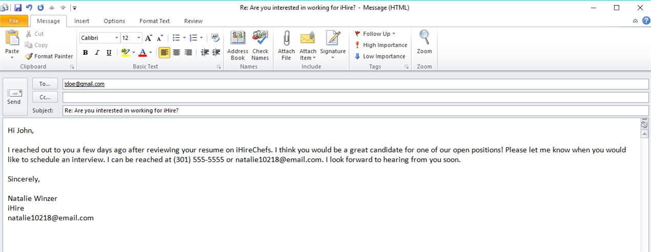 screen shot of ihire's resume search email template for following up with candidates