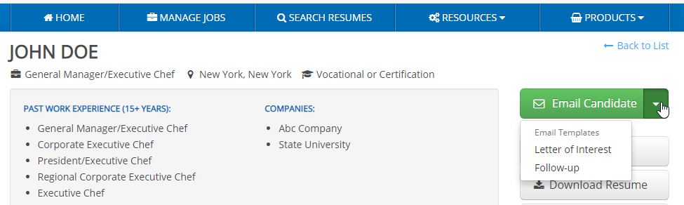 screen shot of a close up of ihire's resume search tool showing the "email candidate" button