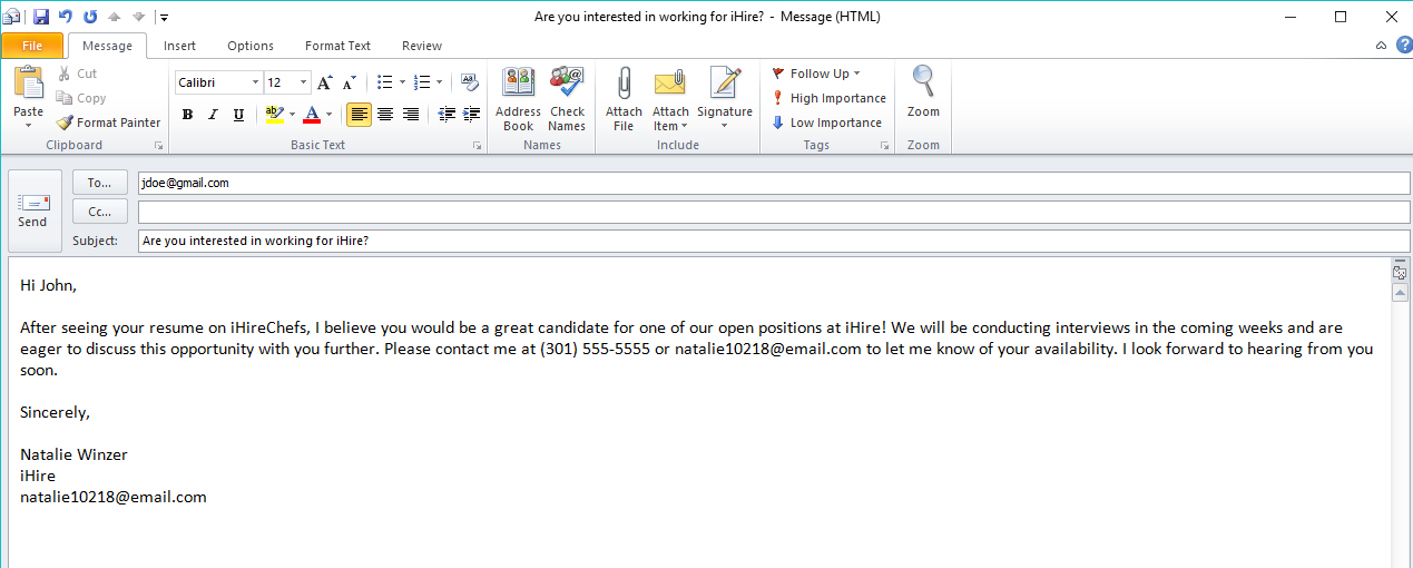 screen shot of ihire's resume search email template for contacting candidates