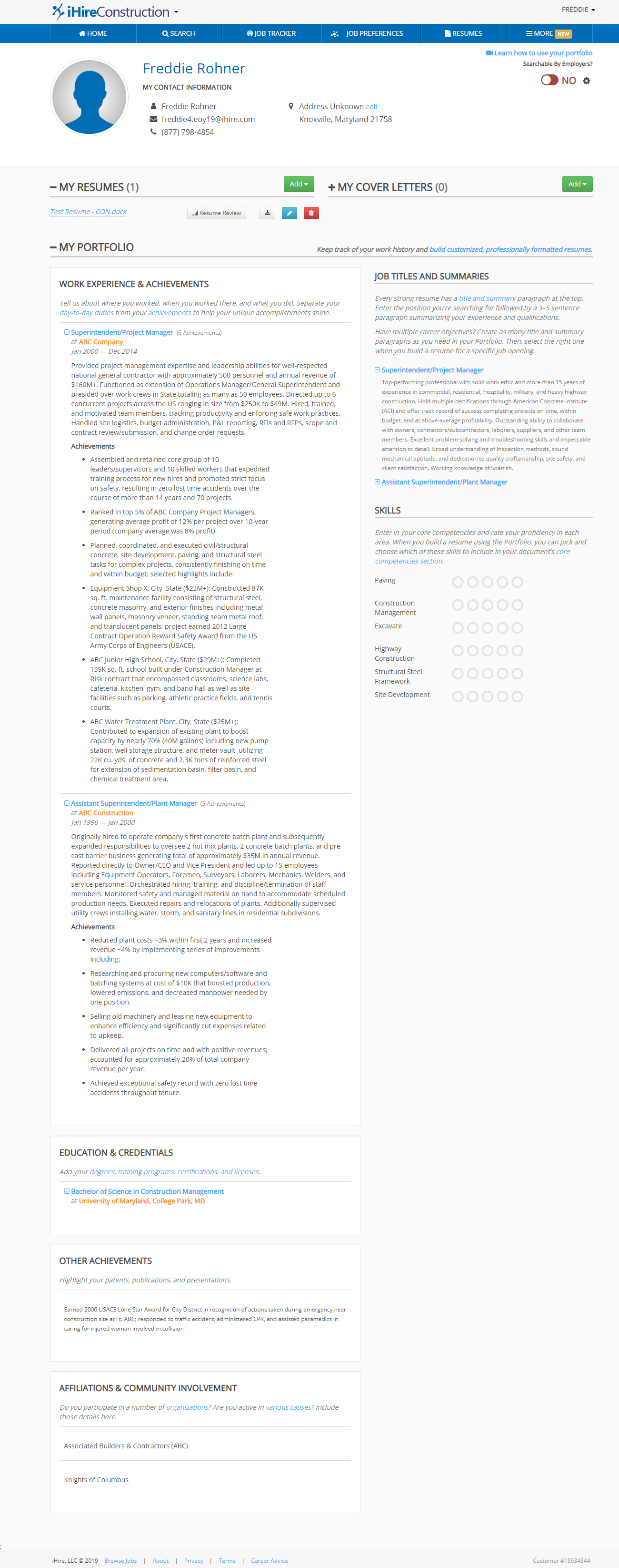 Screenshot of iHire's Portfolio tool with user-created master resume