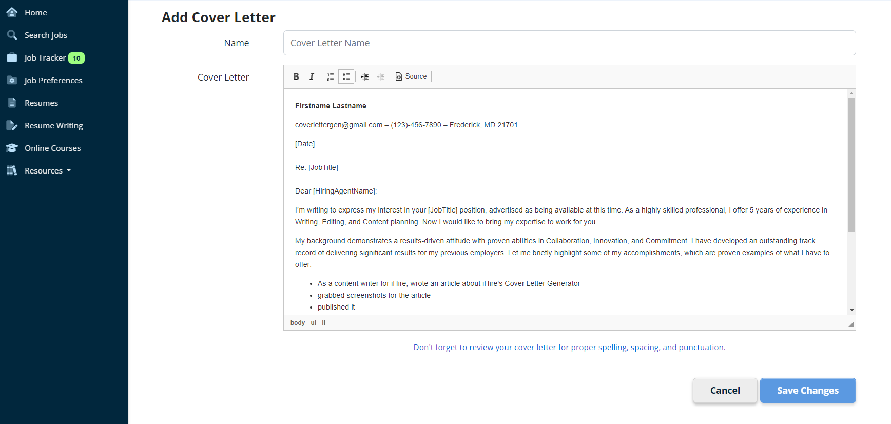 Generated cover letter