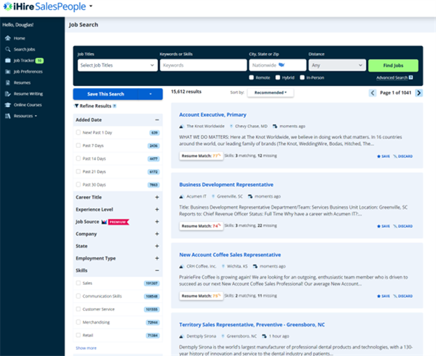 screen shot of iHire's job search tool