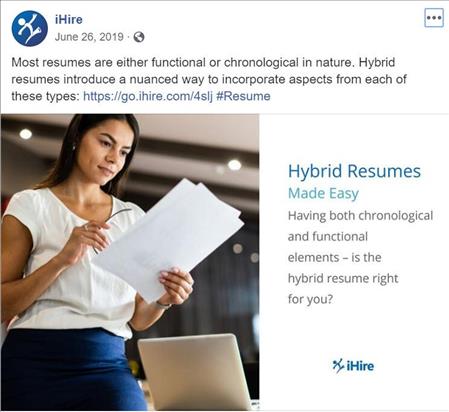 ihire facebook post featuring hybrid resume article