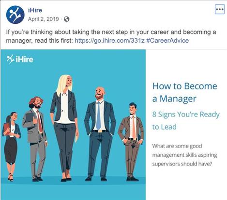 ihire facebook post featuring how to become a manager article