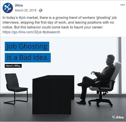 ihire facebook post featuring job ghosting article