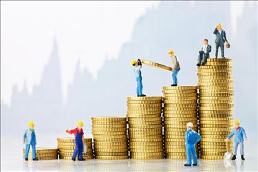 construction worker figures building atop an increasing pile of coins