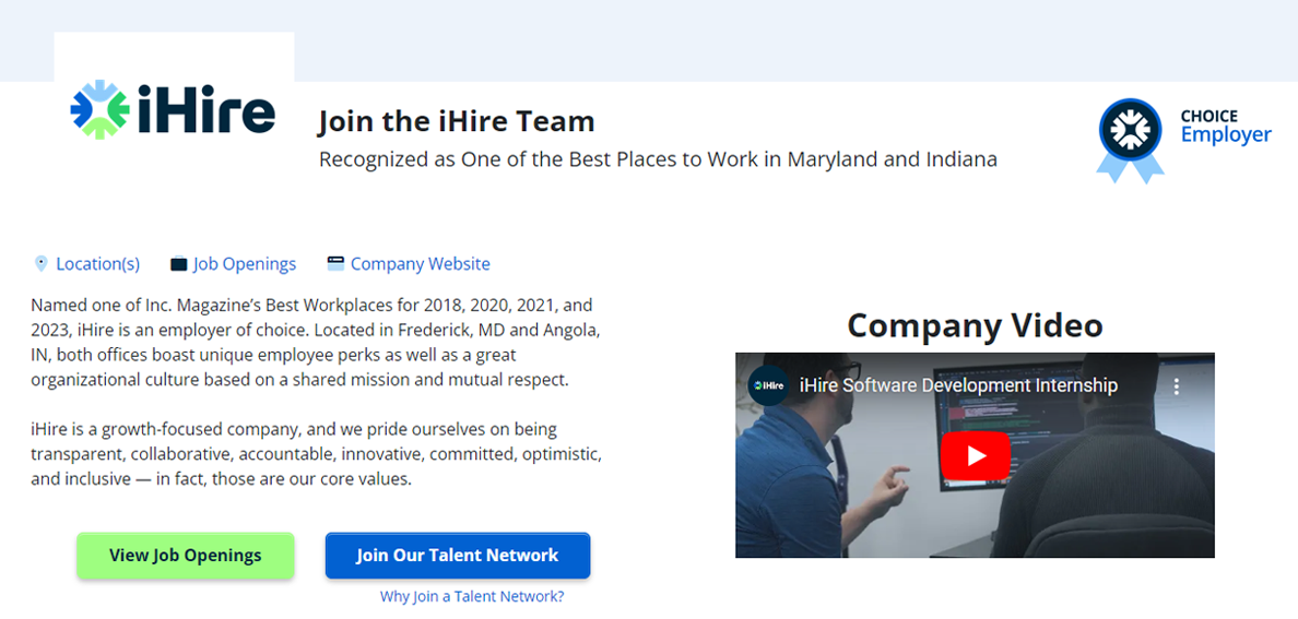 screenshot of ihire's company profile page