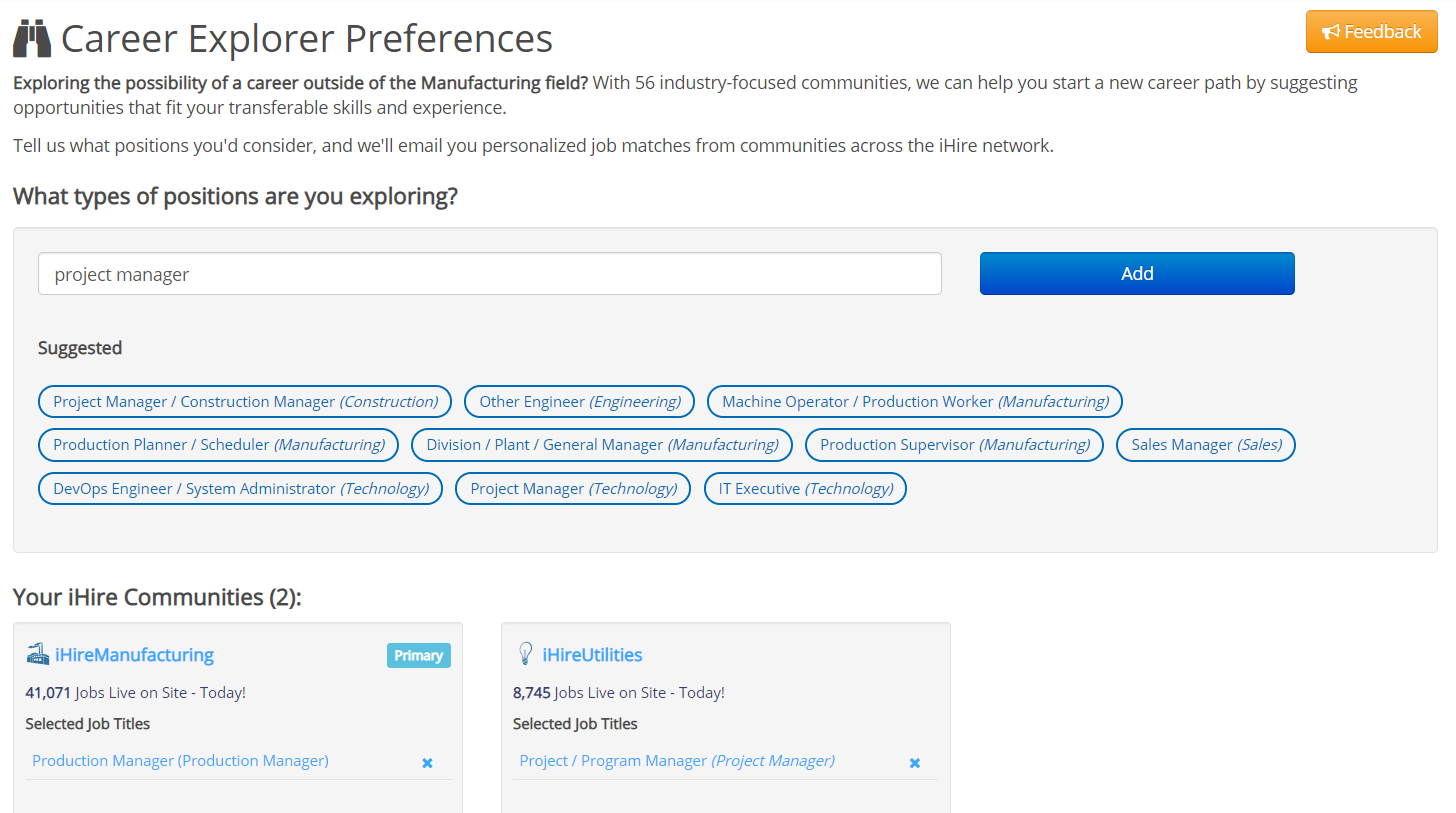 iHire Career Explorer Preferences page