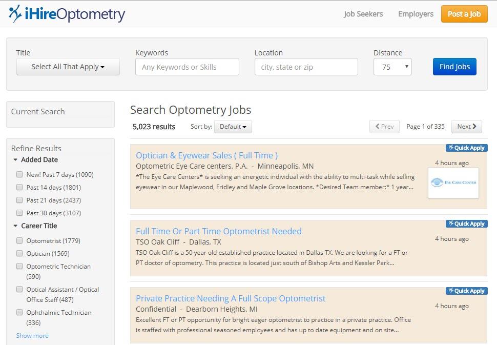 Screenshot of job search on iHireOptometry