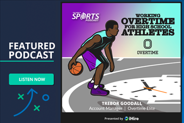 WorkInSports Podcast Episode Graphic: Working Ovetime for High School Athletes with Overtime Elite's Trebor Goodall