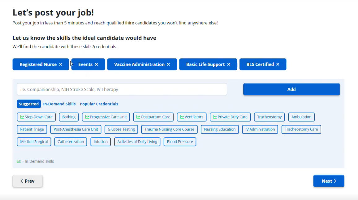 screenshot of choosing candidate skills on iHire's freelance marketplace